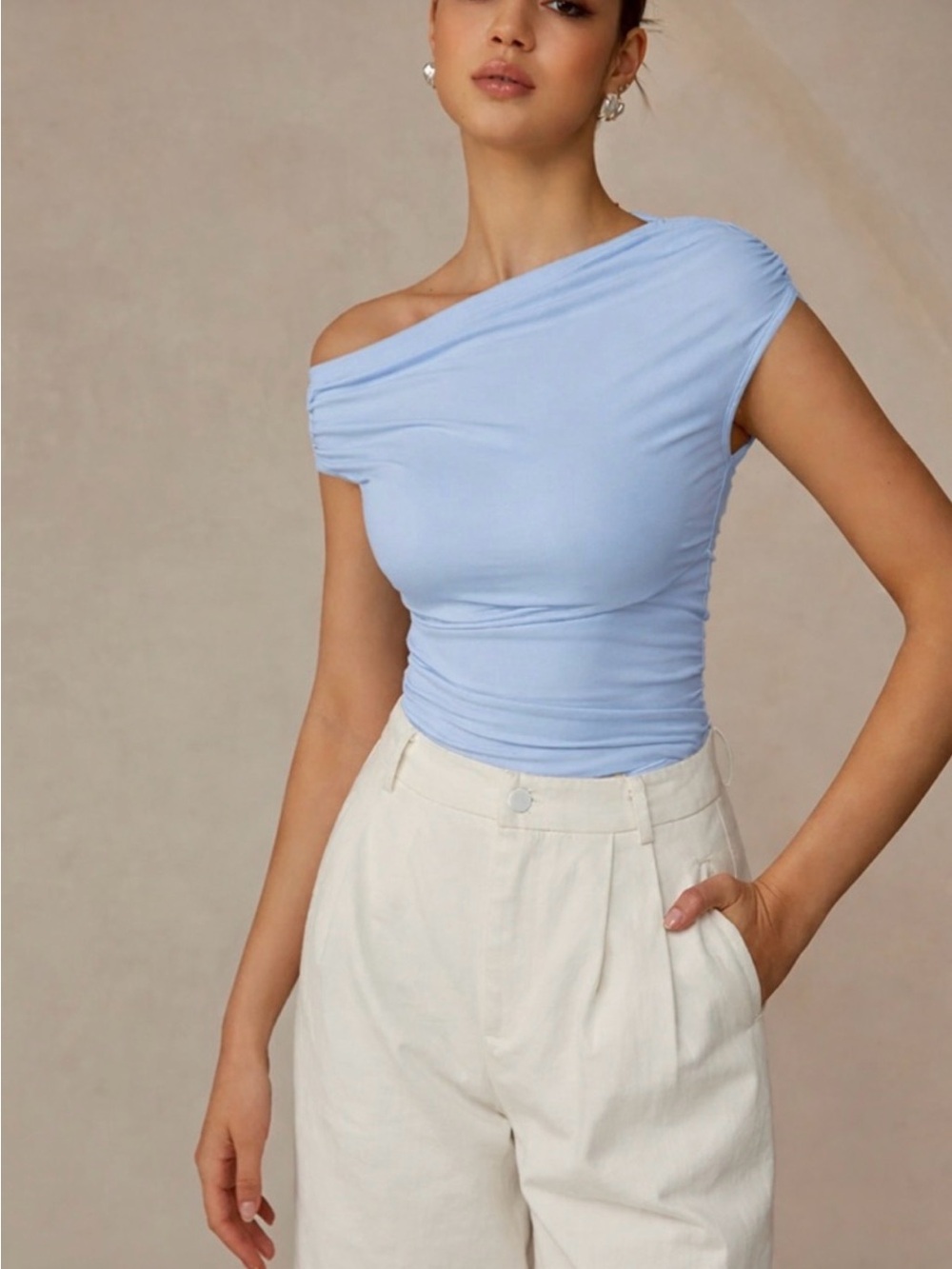Commense Light Blue One Off Shoulder Ruched Tank Top